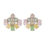 Vintage chandelier CZ fan stud earrings featuring marquise halo frames, oval ice-flower textured stones, and 925 sterling silver ear posts