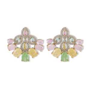 Vintage chandelier CZ fan stud earrings featuring marquise halo frames, oval ice-flower textured stones, and 925 sterling silver ear posts