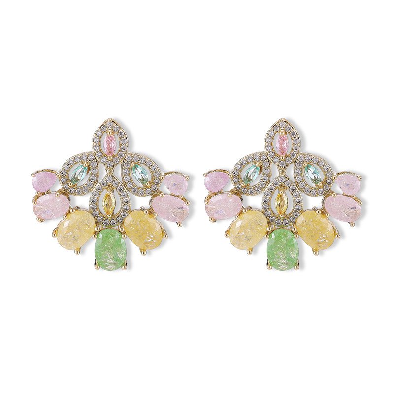 X-052 (1) Vintage chandelier CZ fan stud earrings featuring marquise halo frames, oval ice-flower textured stones, and 925 sterling silver ear posts