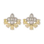 Vintage chandelier CZ fan stud earrings featuring marquise halo frames, oval ice-flower textured stones, and 925 sterling silver ear posts
