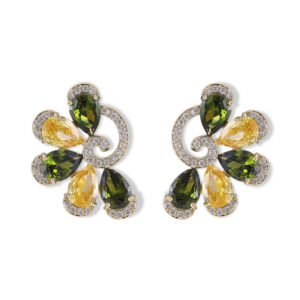 Floral cluster stud earrings wholesale featuring pear-cut cubic zirconia gemstone petals framed by micro-pavé CZ spiral accents and S925 sterling silver posts from junejewelry.com