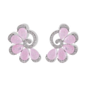 Floral cluster stud earrings wholesale featuring pear-cut cubic zirconia gemstone petals framed by micro-pavé CZ spiral accents and S925 sterling silver posts from junejewelry.com