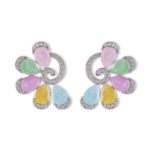 Floral cluster stud earrings wholesale featuring pear-cut cubic zirconia gemstone petals framed by micro-pavé CZ spiral accents and S925 sterling silver posts from junejewelry.com