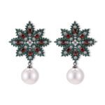 Snowflake CZ freshwater pearl drop earrings featuring an intricate starburst starburst pattern, princess-cut gems, micro-paved borders, and a round freshwater pearl dangle