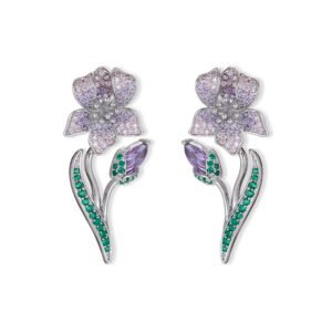 Elegant Iris flower CZ drop earrings featuring micro-pave cubic zirconia petals, a gem-set bud stem, and 925 sterling silver posts available on junejewelry.com