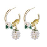 Hand-painted enamel squirrel and pearl blackberry cluster hoop earrings featuring white floral blossoms, a swinging pearl berry cluster, and 925 sterling silver ear posts