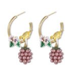 Hand-painted enamel squirrel and pearl blackberry cluster hoop earrings featuring white floral blossoms, a swinging pearl berry cluster, and 925 sterling silver ear posts