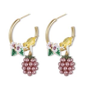 Hand-painted enamel squirrel and pearl blackberry cluster hoop earrings featuring white floral blossoms, a swinging pearl berry cluster, and 925 sterling silver ear posts