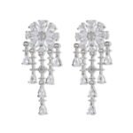 Floral CZ chandelier tassel earrings featuring a flower cluster stud, cascading teardrop gemstone fringes, and 925 sterling silver ear posts.