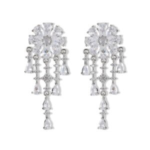 Floral CZ chandelier tassel earrings featuring a flower cluster stud, cascading teardrop gemstone fringes, and 925 sterling silver ear posts.