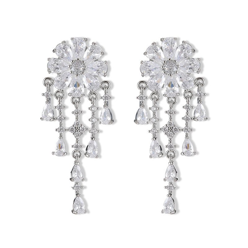 X-126 (2) Floral CZ chandelier tassel earrings featuring a flower cluster stud, cascading teardrop gemstone fringes, and 925 sterling silver ear posts.