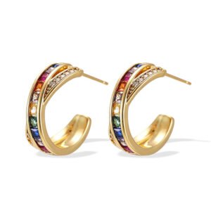 Rainbow CZ C-shape hoop earrings featuring channel-set multi-color square cubic zirconia, paved crossover border, and 925 sterling silver posts