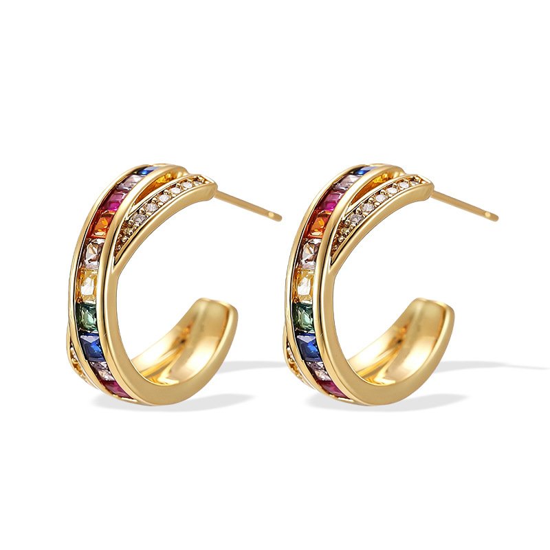 X-135 (1) Rainbow CZ C-shape hoop earrings featuring channel-set multi-color square cubic zirconia, paved crossover border, and 925 sterling silver posts