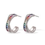 Rainbow CZ C-shape hoop earrings featuring channel-set multi-color square cubic zirconia, paved crossover border, and 925 sterling silver posts