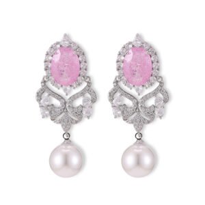 Vintage oval stone pearl drop earrings wholesale featuring an oval crackle gemstone surrounded by cubic zirconia halo, filigree chandelier dangles, and a freshwater pearl drop from junejewelry.com