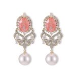 Vintage oval stone pearl drop earrings wholesale featuring an oval crackle gemstone surrounded by cubic zirconia halo, filigree chandelier dangles, and a freshwater pearl drop from junejewelry.com