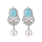 Vintage oval stone pearl drop earrings wholesale featuring an oval crackle gemstone surrounded by cubic zirconia halo, filigree chandelier dangles, and a freshwater pearl drop from junejewelry.com