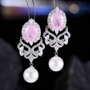 Vintage oval stone pearl drop earrings wholesale featuring an oval crackle gemstone surrounded by cubic zirconia halo, filigree chandelier dangles, and a freshwater pearl drop from junejewelry.com