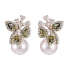 Luxury freshwater pearl CZ cluster stud earrings featuring pear-cut colored gemstones, sparkling crystal sprays, and 925 sterling silver posts available on junejewelry.com