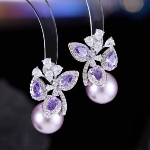 Luxury freshwater pearl CZ cluster stud earrings featuring pear-cut colored gemstones, sparkling crystal sprays, and 925 sterling silver posts available on junejewelry.com
