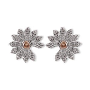 Micro pave CZ flower stud earrings featuring radiating textured petals encrusted with cubic zirconia, a amber crystal center, and 925 sterling silver posts