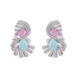 Vintage Art Deco CZ statement earrings wholesale featuring dual oval crackle gemstones surrounded by pavé cubic zirconia fan ribbons and S925 sterling silver posts from junejewelry.com