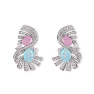 Vintage Art Deco CZ statement earrings wholesale featuring dual oval crackle gemstones surrounded by pavé cubic zirconia fan ribbons and S925 sterling silver posts from junejewelry.com