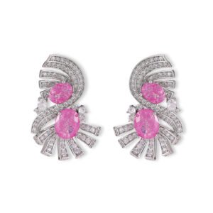 Vintage Art Deco CZ statement earrings wholesale featuring dual oval crackle gemstones surrounded by pavé cubic zirconia fan ribbons and S925 sterling silver posts from junejewelry.com