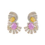 Vintage Art Deco CZ statement earrings wholesale featuring dual oval crackle gemstones surrounded by pavé cubic zirconia fan ribbons and S925 sterling silver posts from junejewelry.com