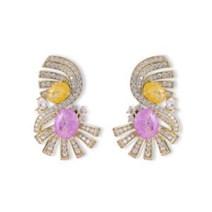 Vintage Art Deco CZ statement earrings wholesale featuring dual oval crackle gemstones surrounded by pavé cubic zirconia fan ribbons and S925 sterling silver posts from junejewelry.com
