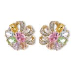 Floral pinwheel CZ cluster stud earrings featuring a swirling halo of multi-cut gemstones, micro-paved ribbon swirls, and 925 sterling silver ear posts