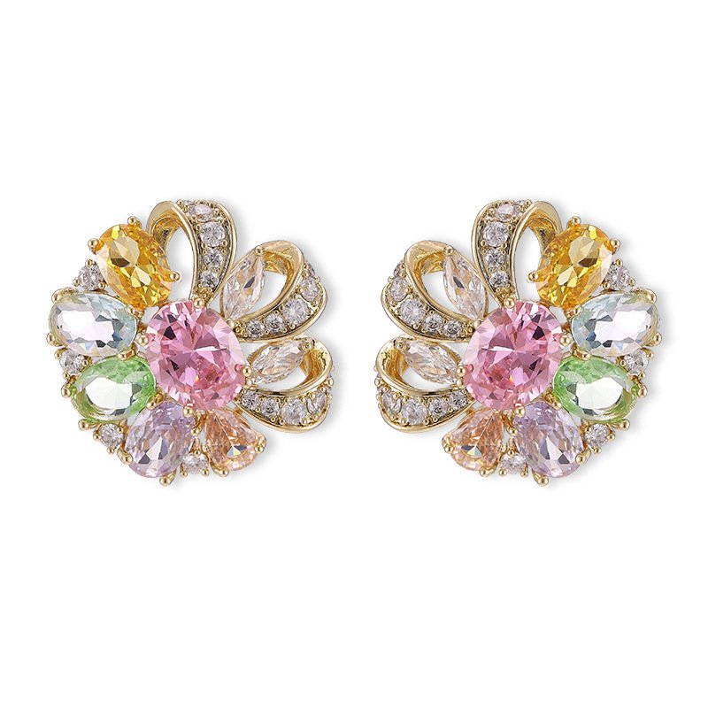 X-163 (2) Floral pinwheel CZ cluster stud earrings featuring a swirling halo of multi-cut gemstones, micro-paved ribbon swirls, and 925 sterling silver ear posts