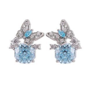 Butterfly CZ rose cut stud earrings featuring a paved openwork butterfly motif set atop a large rose-cut main gem with 925 sterling silver posts