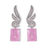 Crackle ice flower CZ wing drop earrings featuring a swept pavé wing design and rectangular ice crackle gem with 925 sterling silver posts