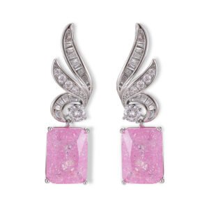 Crackle ice flower CZ wing drop earrings featuring a swept pavé wing design and rectangular ice crackle gem with 925 sterling silver posts