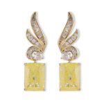 Crackle ice flower CZ wing drop earrings featuring a swept pavé wing design and rectangular ice crackle gem with 925 sterling silver posts