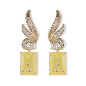 Crackle ice flower CZ wing drop earrings featuring a swept pavé wing design and rectangular ice crackle gem with 925 sterling silver posts