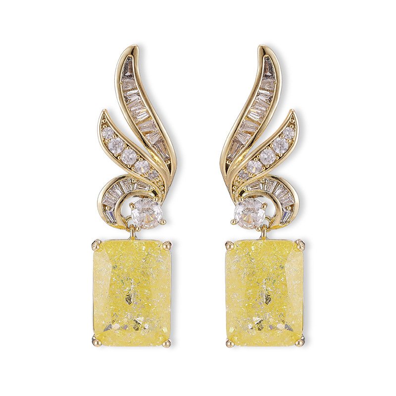 X-177 (3) Crackle ice flower CZ wing drop earrings featuring a swept pavé wing design and rectangular ice crackle gem with 925 sterling silver posts