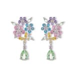 Floral gem CZ bouquet drop earrings featuring a cluster of colorful marquise flower petals, marquise leaves, a dangling teardrop gem, and 925 sterling silver ear posts