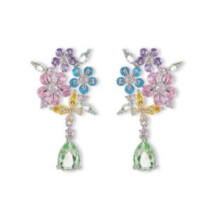 Floral gem CZ bouquet drop earrings featuring a cluster of colorful marquise flower petals, marquise leaves, a dangling teardrop gem, and 925 sterling silver ear posts