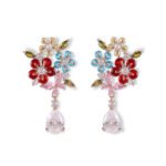 Floral gem CZ bouquet drop earrings featuring a cluster of colorful marquise flower petals, marquise leaves, a dangling teardrop gem, and 925 sterling silver ear posts