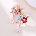 Floral gem CZ bouquet drop earrings featuring a cluster of colorful marquise flower petals, marquise leaves, a dangling teardrop gem, and 925 sterling silver ear posts