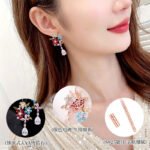 Floral gem CZ bouquet drop earrings featuring a cluster of colorful marquise flower petals, marquise leaves, a dangling teardrop gem, and 925 sterling silver ear posts