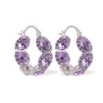 Oval halo CZ hoop earrings featuring faceted oval crystal main stones surrounded by micro-pavé halos on a thick hoop frame with 925 sterling silver posts.