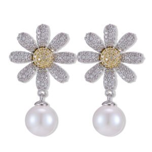 Daisy CZ pearl drop earrings featuring a full pavé crystal flower stud with a yellow CZ pistil center, high-lustre pearl drop, and 925 sterling silver ear posts.