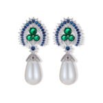 Royal teardrop pearl drop earrings wholesale featuring colorful CZ halo crests, pavé caps, and large teardrop pearls with 925 sterling silver posts from junejewelry.com
