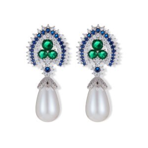 Royal teardrop pearl drop earrings wholesale featuring colorful CZ halo crests, pavé caps, and large teardrop pearls with 925 sterling silver posts from junejewelry.com