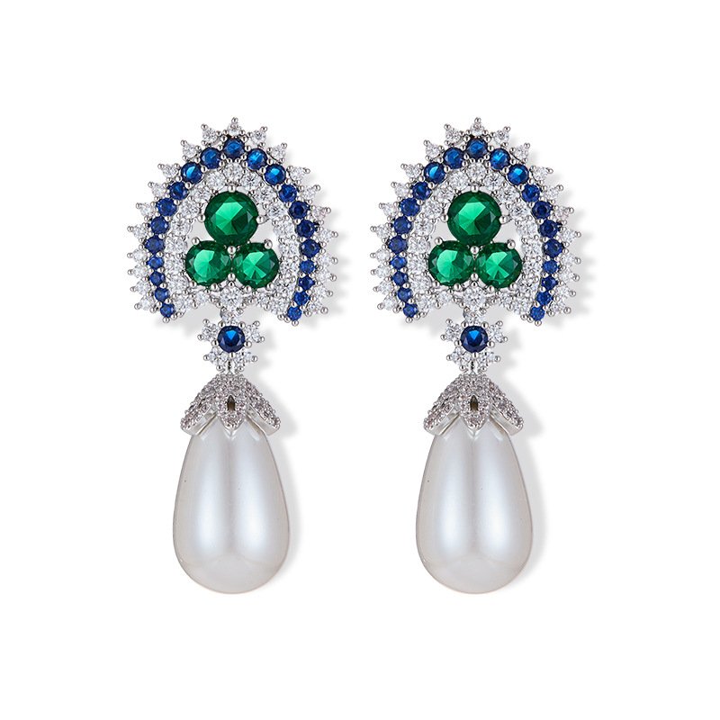 X-378 (3) Royal teardrop pearl drop earrings wholesale featuring colorful CZ halo crests, pavé caps, and large teardrop pearls with 925 sterling silver posts from junejewelry.com