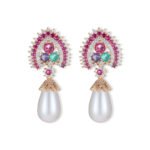 Royal teardrop pearl drop earrings wholesale featuring colorful CZ halo crests, pavé caps, and large teardrop pearls with 925 sterling silver posts from junejewelry.com