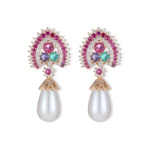 Royal teardrop pearl drop earrings wholesale featuring colorful CZ halo crests, pavé caps, and large teardrop pearls with 925 sterling silver posts from junejewelry.com